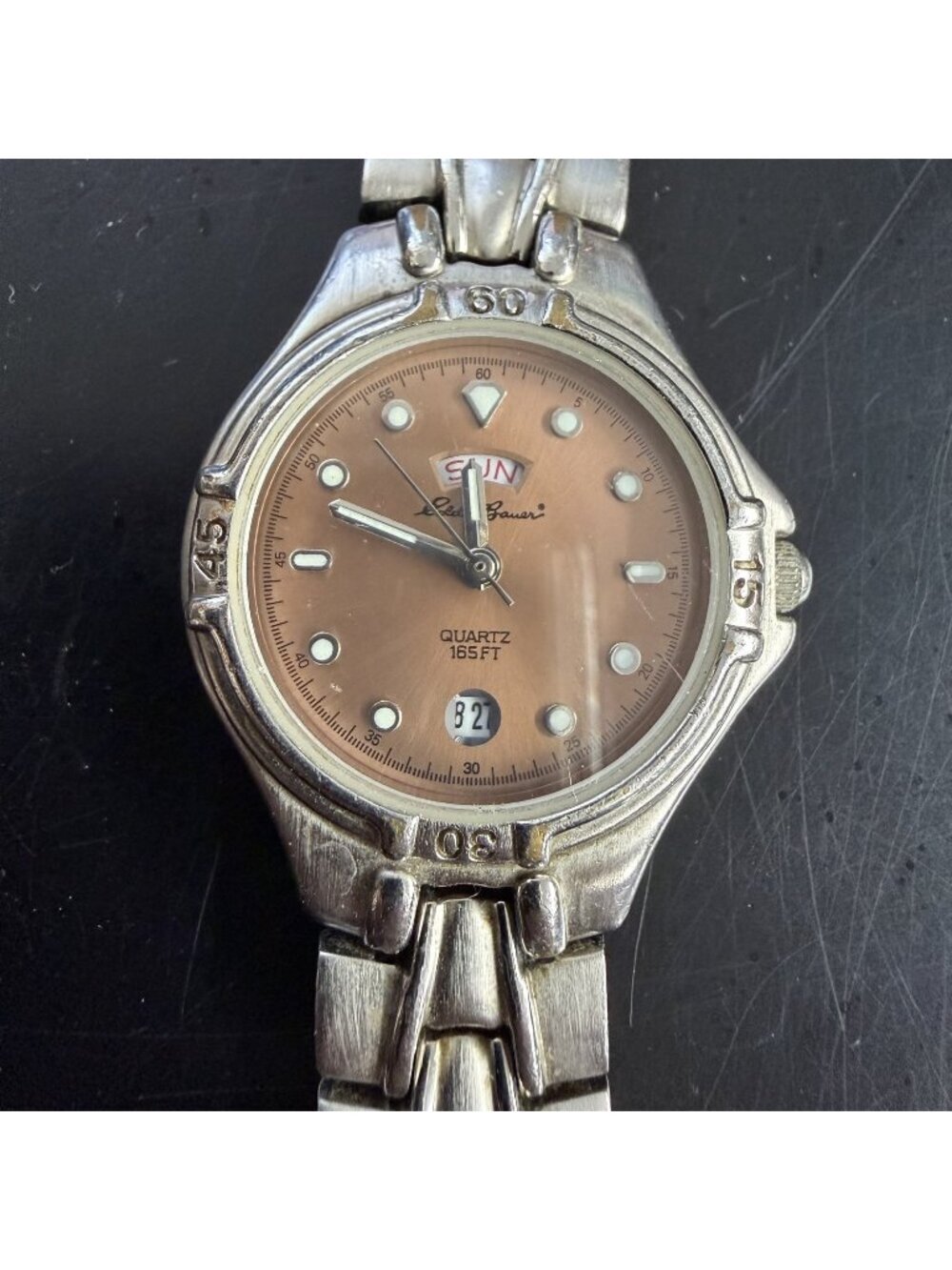 Eddie Bauer Quartz Watch Copper Sunburst Dial Day Date Stainless Need Battery